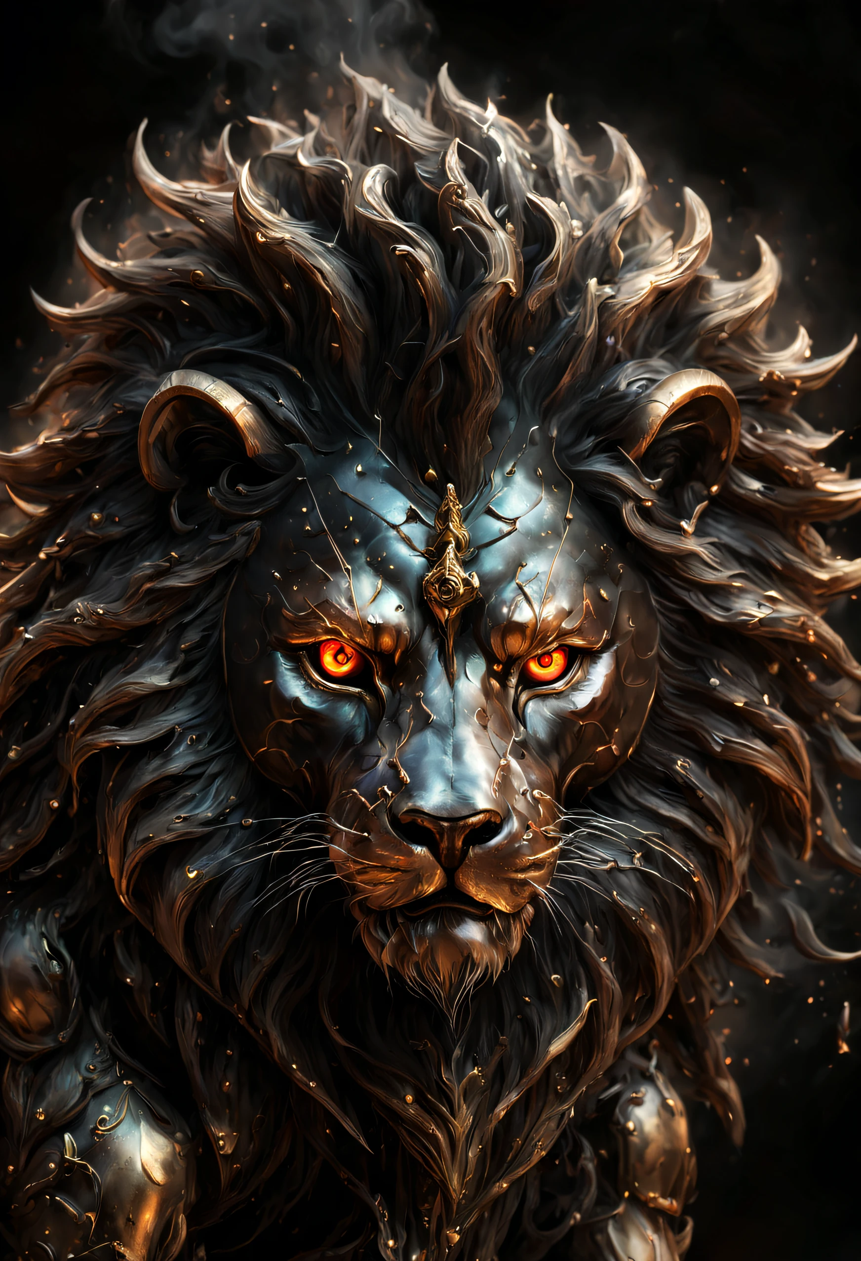 Lion head made of bronze with glowing eyes, In steam punk style, black background, liquid, gradient background, 10k high resolution, psychedelic trip,