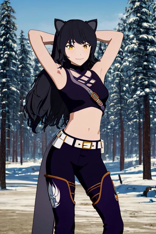 ((masterpiece,best quality)), 
Blake_RWBY,   1girl, solo, black hair, long hair, cat ears, animal ears, yellow eyes,
 belt, midriff, pants, jacket, 
solo, smiling, looking at viewer, solo, smile, arms behind head, spread armpits, forest, dark sky, contrapposto, blue pants. closed mouth,
cinematic composition,