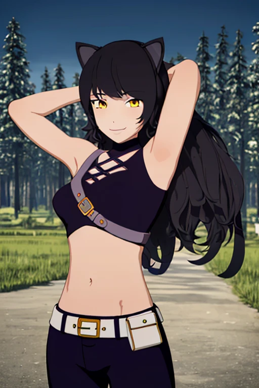 ((masterpiece,best quality)), 
Blake_RWBY,   1girl, solo, black hair, long hair, cat ears, animal ears, yellow eyes,
 belt, midriff, pants, jacket, 
solo, smiling, looking at viewer, solo, smile, arms behind head, spread armpits, forest, dark sky, contrapposto, blue pants. closed mouth,
cinematic composition,