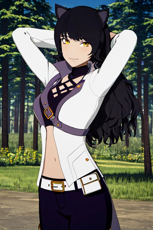 ((masterpiece,best quality)), 
Blake_RWBY,   1girl, solo, black hair, long hair, cat ears, animal ears, yellow eyes,
 belt, midriff, pants, jacket, 
solo, smiling, looking at viewer, solo, smile, arms behind head, spread armpits, forest, dark sky, contrapposto, blue pants. closed mouth,
cinematic composition,