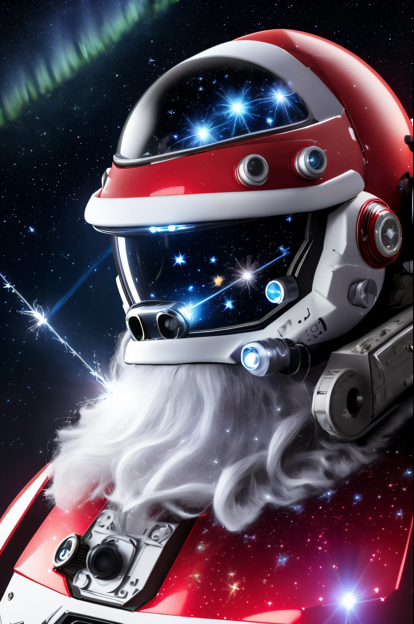 Father Christmas,+ +, astronaut, aurora, black background, constellation, diffraction spikes, earth \(planet\), energy gun, energy sword, fireworks, galaxy, glint, glowing, glowing eye, helmet, hirschgeweih antennas, laser, lens flare, letterboxed, light rays, light trail, lights, lightsaber, mecha, milky way, night, night sky, no humans, planet, power armor, retro artstyle, rocket, science fiction, shooting star, solo, space, space helmet, spacesuit, sparkle, sparkle background, sparkler, sparkling eyes, sparks, spotlight, star \(sky\), star \(symbol\), starry background, starry sky, sun, thrusters, thumbs up