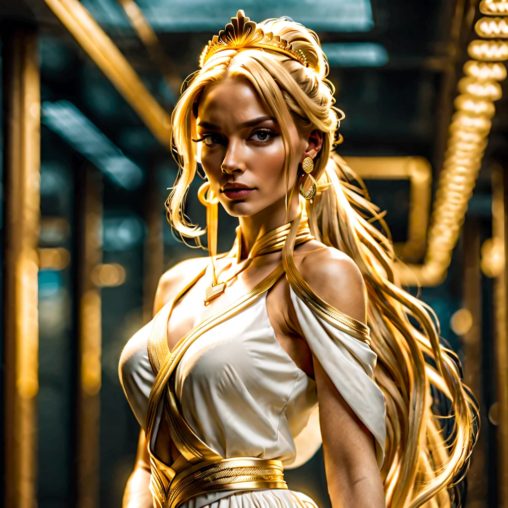 full body view of a beautiful sci fi woman with long golden blonde hair in a braided pony tail wearing a short gold and white dress with a skirt slit up the side, gold waterfall earrings and a gold tiara