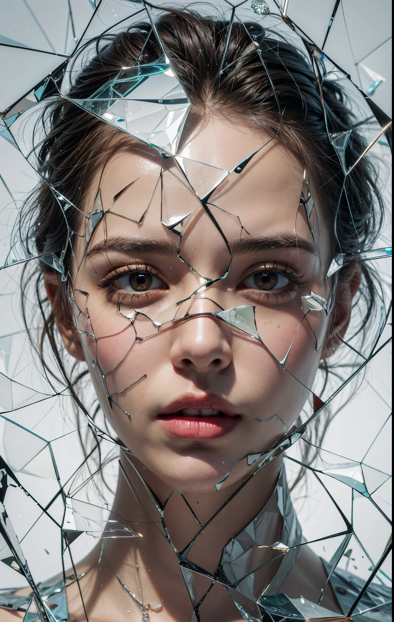 Close-up of beautiful young woman's face with broken glass, Filled with glass, In front of the mirror, Glass surface, broken glass, broken glass elements, see through broken glass, closeup portrait shot, captured on canon eos r 6, Brown eyes, Brown hair, (Beautiful face details), intricate detailed, Portrait of a female man, very high details, Realistic photos, 8k, UHD, hyperdetailed, (Dynamic Poses:1.4),