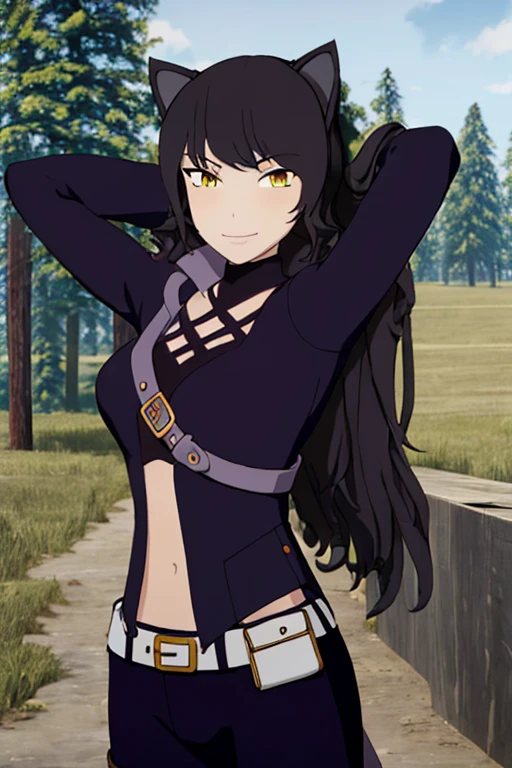 ((masterpiece,best quality)), 
Blake_RWBY,   1girl, solo, black hair, long hair, cat ears, animal ears, yellow eyes,
 belt, midriff, pants, jacket, 
solo, smiling, looking at viewer, solo, smile, arms behind head, spread armpits, forest, dark sky, contrapposto, blue pants. closed mouth,
cinematic composition,