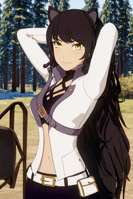 ((masterpiece,best quality)), 
Blake_RWBY,   1girl, solo, black hair, long hair, cat ears, animal ears, yellow eyes,
 belt, midriff, pants, jacket, 
solo, smiling, looking at viewer, solo, smile, arms behind head, spread armpits, forest, dark sky, contrapposto, blue pants. closed mouth,
cinematic composition,