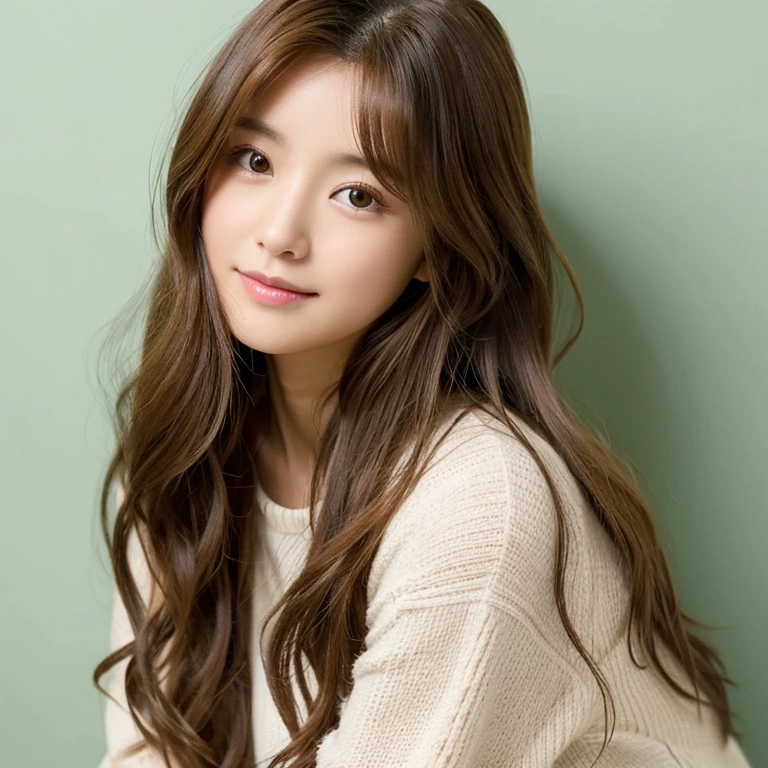 Long hair with a loose perm、A woman in her 20s with light brown hair　White wall background