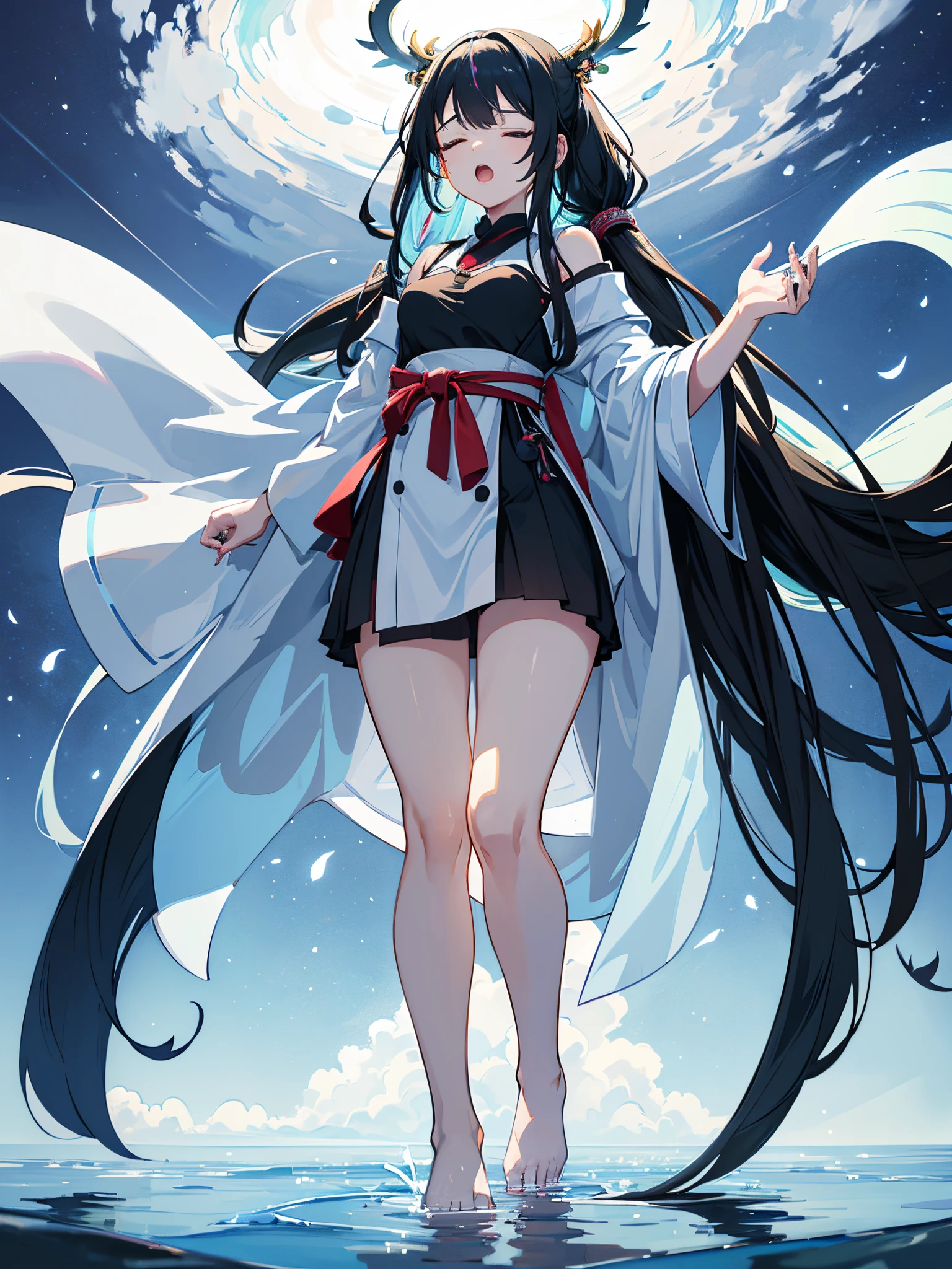 A woman with closed eyes, ahegao face, (((long hair that reaches her feet))), hair with locks, flowing, in a celestial place with waters that disappear to the horizon, blue sky, white clouds in movement, full body , muscular, thick thighs, small breasts, big booty, {extremely detailed 16k CG unit wallpaper}, expansive landscape photography, (a low view with focus on the character and the setting), (wide view of open field ), (low angle shot), (high light: 1.2), (low light: 1.5), (warm light source: 1.2), complex details, (iridescent colors: 1.5), (bright lighting), (atmospheric lighting ), dreamy, unique, detailed reflections