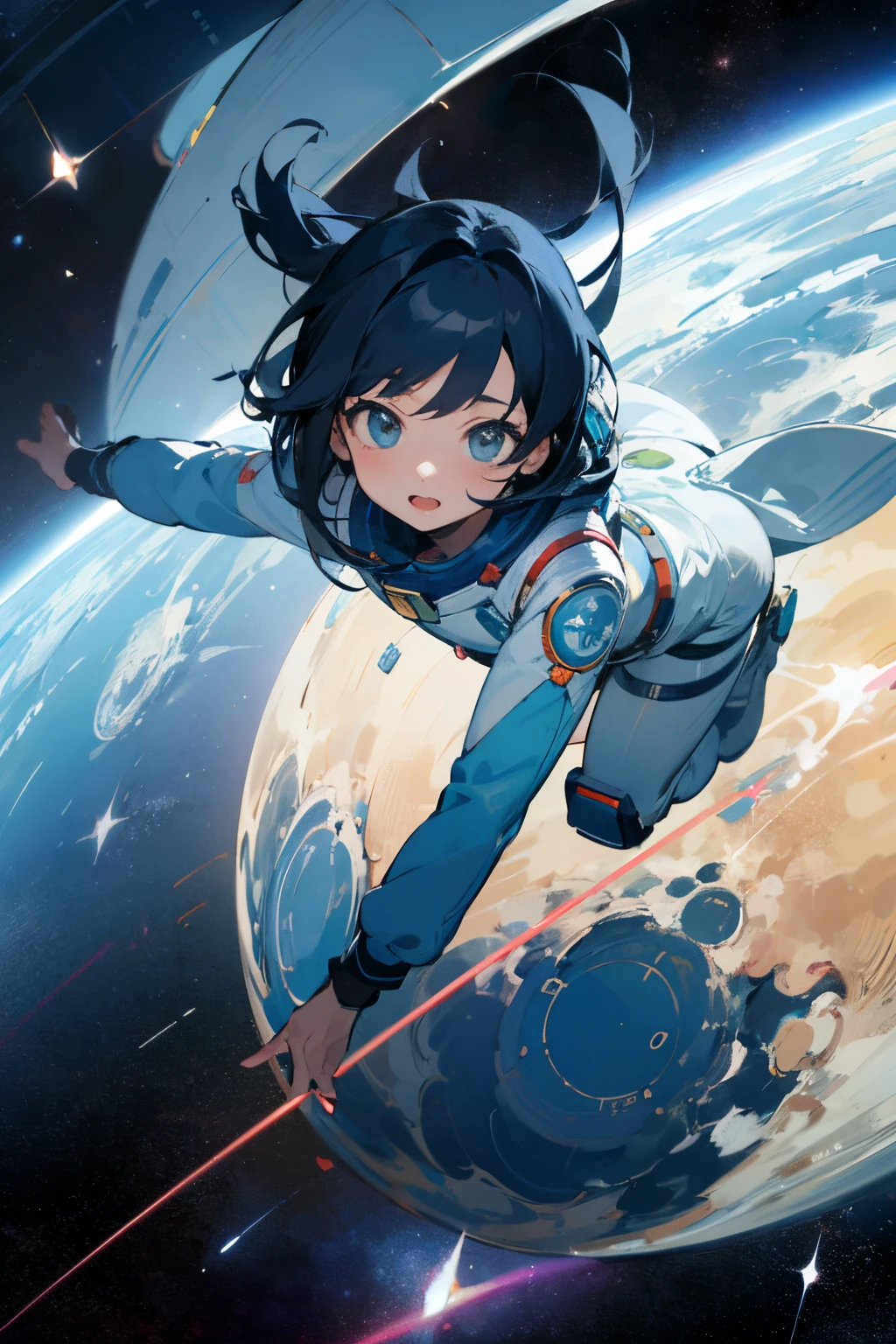 asian girl in the space on alien planet between polar star and big dipper