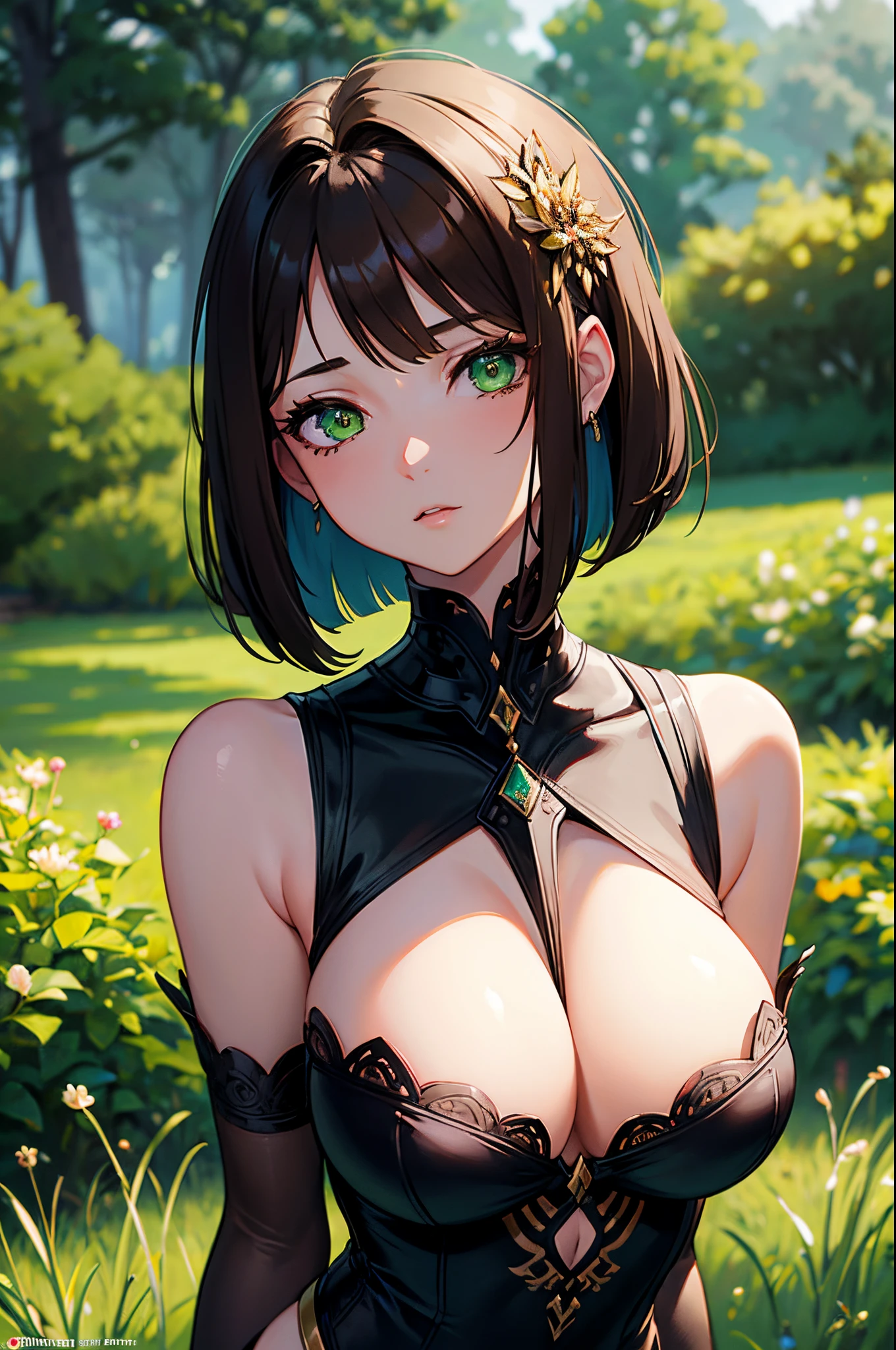 nsfw, masterpiece, best quality, ultra detailed, illustration, 1 girl, dark brown hair, bob cut, large breast, green eyes, beautiful detailed eyes, delicate beautiful face, armored dress, outdoors, embarrassed, arms behind back