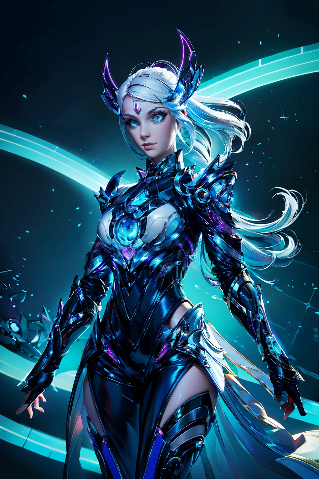 My friends, let me paint for you a vivid picture of a fantastically beautiful girl from the future, a vision that embodies the essence of cyberpunk, technology, and biopunk. Close your eyes and let your imagination run wild as I describe this mesmerizing cyber oracle., In this futuristic world, technological progress has seamlessly merged with the human form, giving rise to a breathtaking display of artistry and innovation. Our cyber oracle is the true embodiment of this harmonious fusion., Her porcelain skin glows with a subtle light, a testament to the complex network of bioluminescent implants that leave graceful patterns on her body. These delicate lines of light shimmer and dance, revealing a breathtaking symphony of colors that shift and change in harmony with her emotions., Her eyes, the windows of her cybernetic soul, sparkle with an otherworldly glow. Tiny diodes flicker in the iris, emitting a mesmerizingly beautiful glow that captivates everyone who meets its gaze. They hold wi, white hair, light blue hair, mini top hat, hairclip, hair ornament, Gothic art, diffraction spikes, three sided view, fake scrollbar, Surrealism, high detail, Futurism, modern, modern, Gothic art, cinematic lighting, textured skin, super detail, high details, award winning, 8k, masterpiece, 8k, best quality, highres, award winning, high quality, super detail, anatomically correct, ccurate, retina, masterpiece