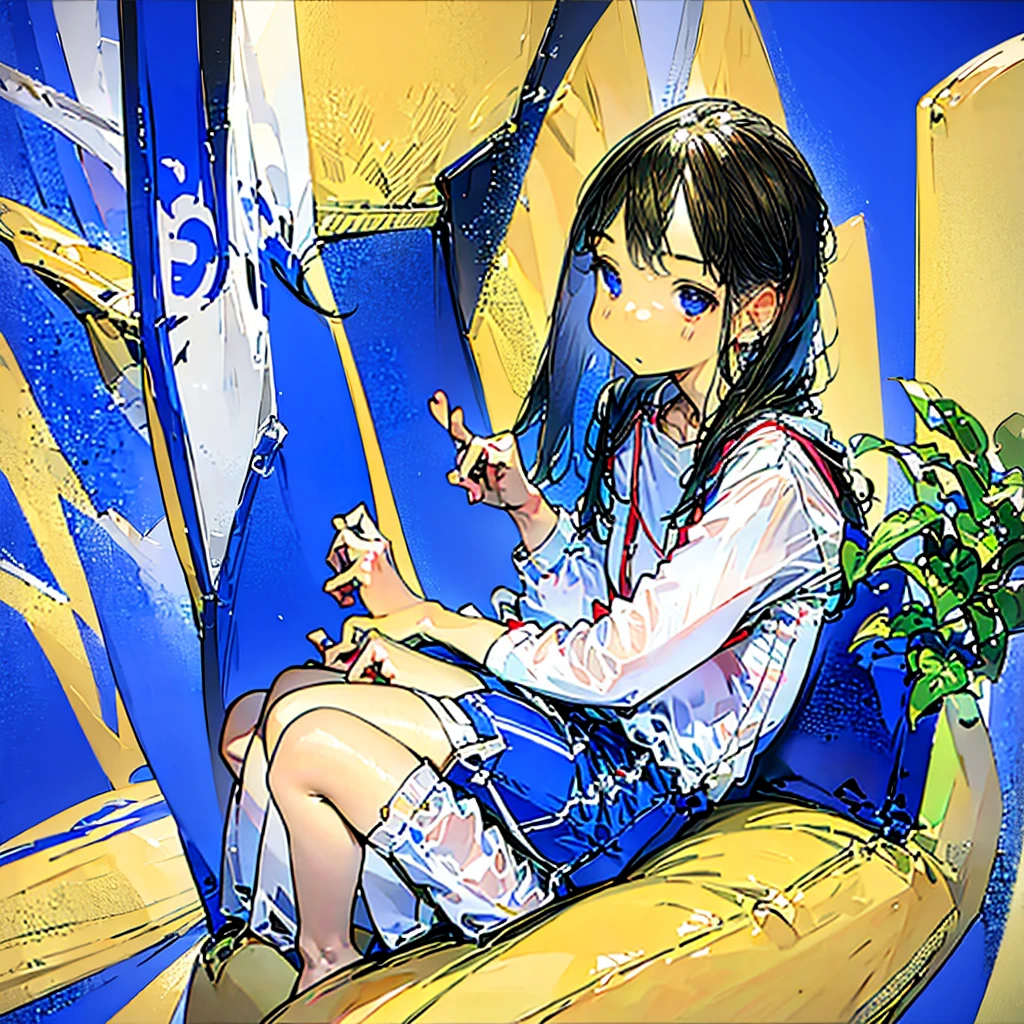 1 girl,Computer， Solo, stairways, Long hair, Brown hair, plant, shirt, Bird, catss