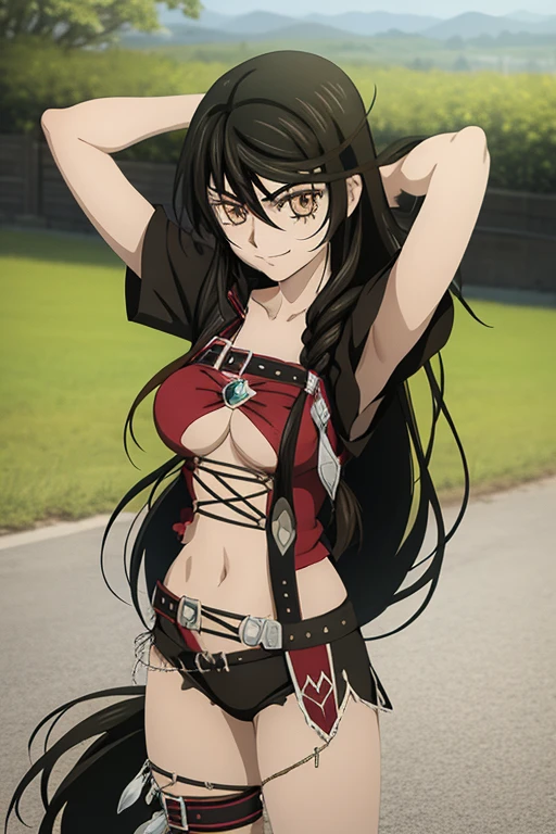 velvet crowe, 1girl, anime coloring, black hair, brown eyes, brown hair, closed mouth, collarbone, frown, hair between eyes, long hair, looking at viewer, short sleeves, solo, yellow t-shirt, cowboy shot, cleavages, seductive smile , solo, smile, cowboy shot, lying, on back, on grass, arms up,