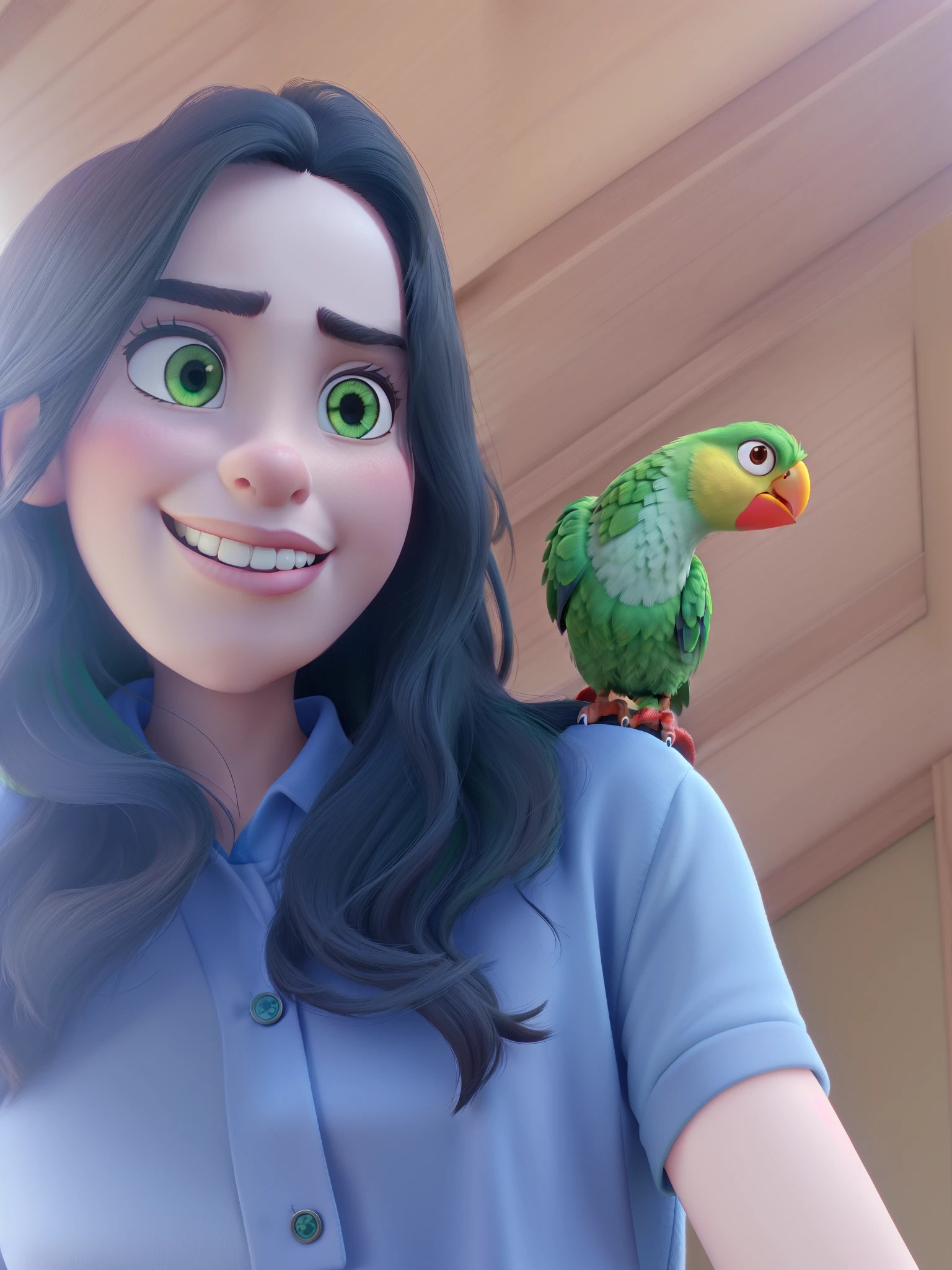 Dark-haired girl with green bird with red beak on her shoulder Disney Pixar style, great quality, melhor qualidade