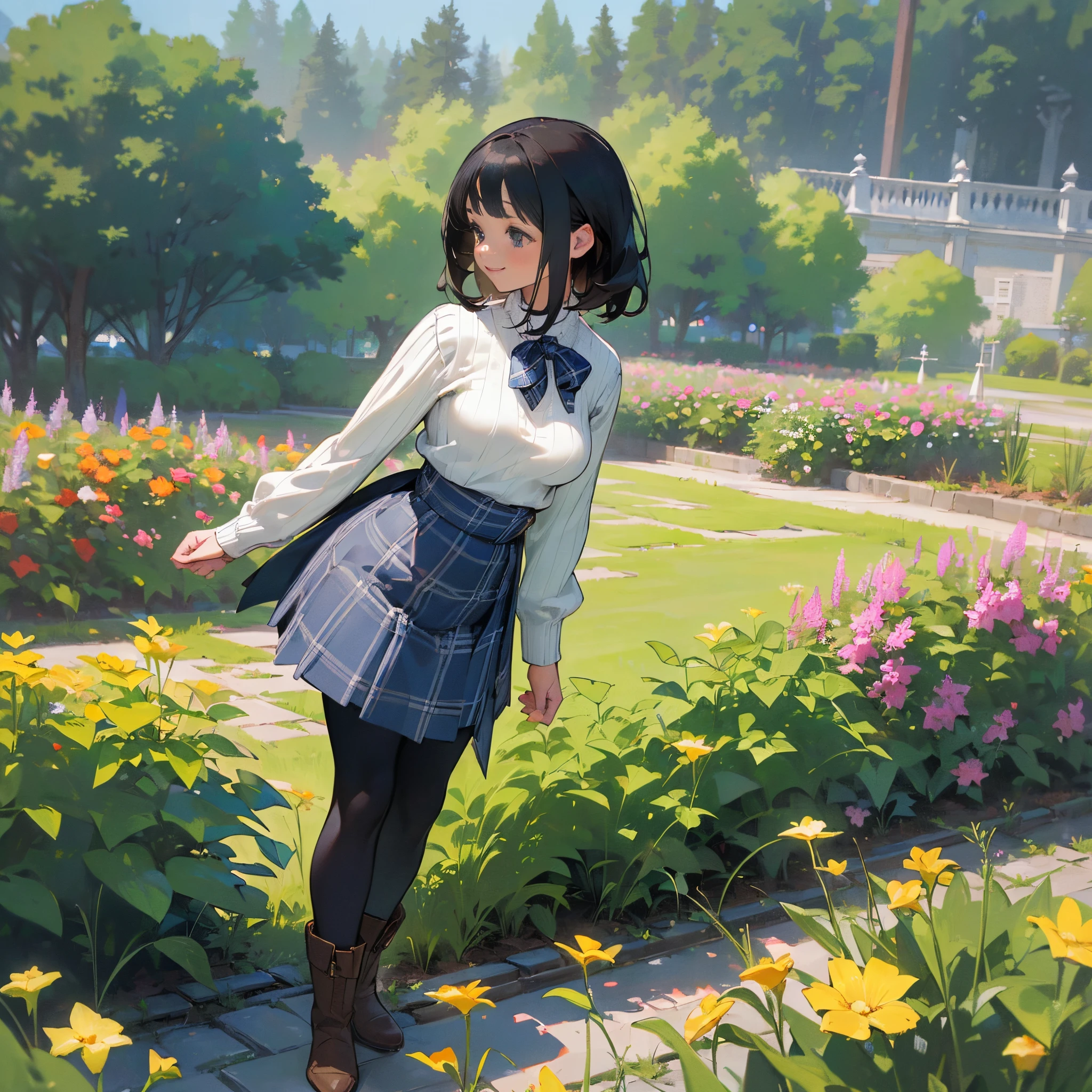 (High quality, High resolution, Ultra-detailed, Realistic:1.37), peaceful ambiance, (plein air, garden), age girl standing alone, (My breasts are big.), Beautiful detailed features, Cute smile, (Black bob hair), Ribbed sweater, blue plaid skirt, Black tights, Brown boots.