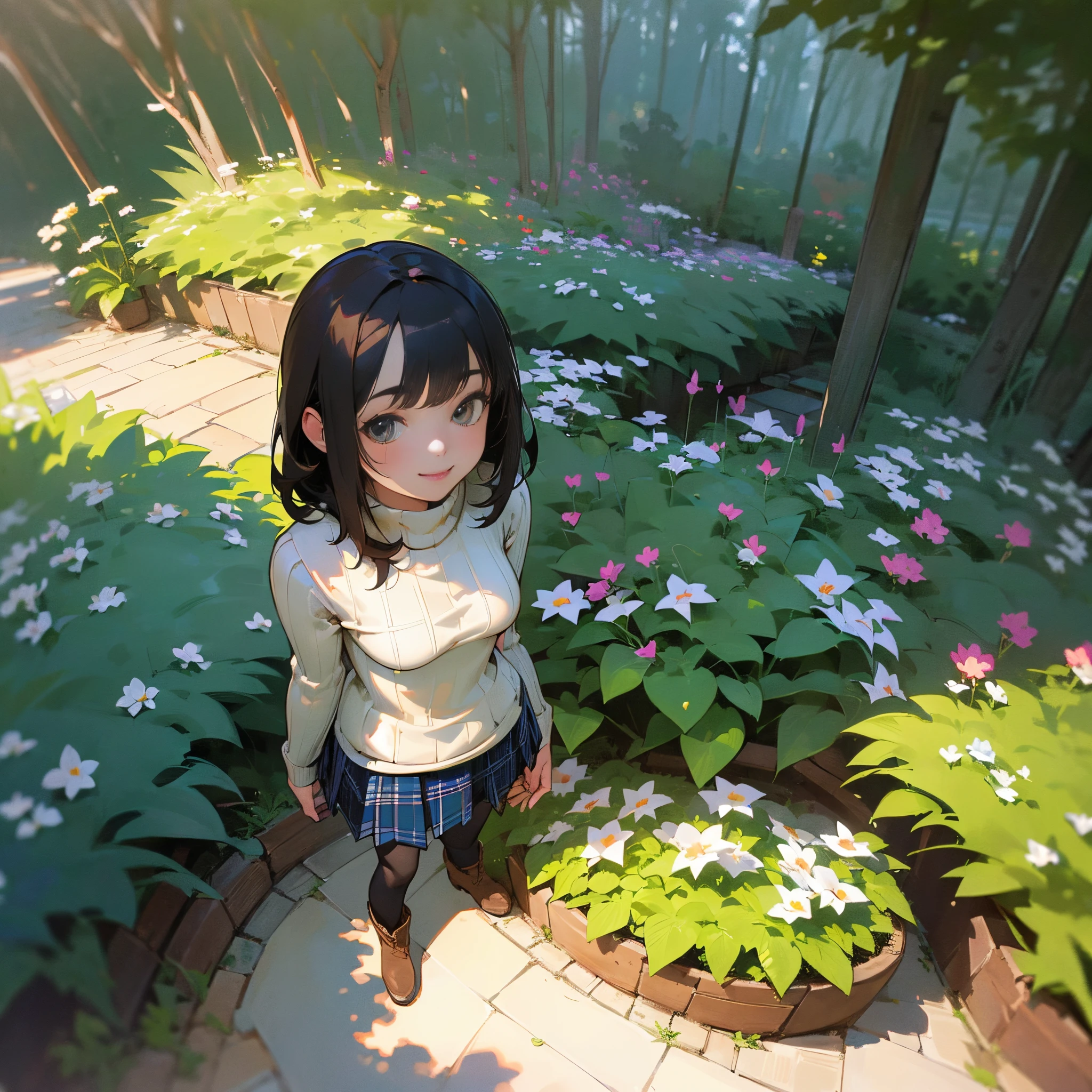(High quality, High resolution, Ultra-detailed, Realistic:1.37), peaceful ambiance, (plein air, garden), age girl standing alone, (My breasts are big.), Beautiful detailed features, Cute smile, (Black bob hair), Ribbed sweater, blue plaid skirt, Black tights, Brown boots.