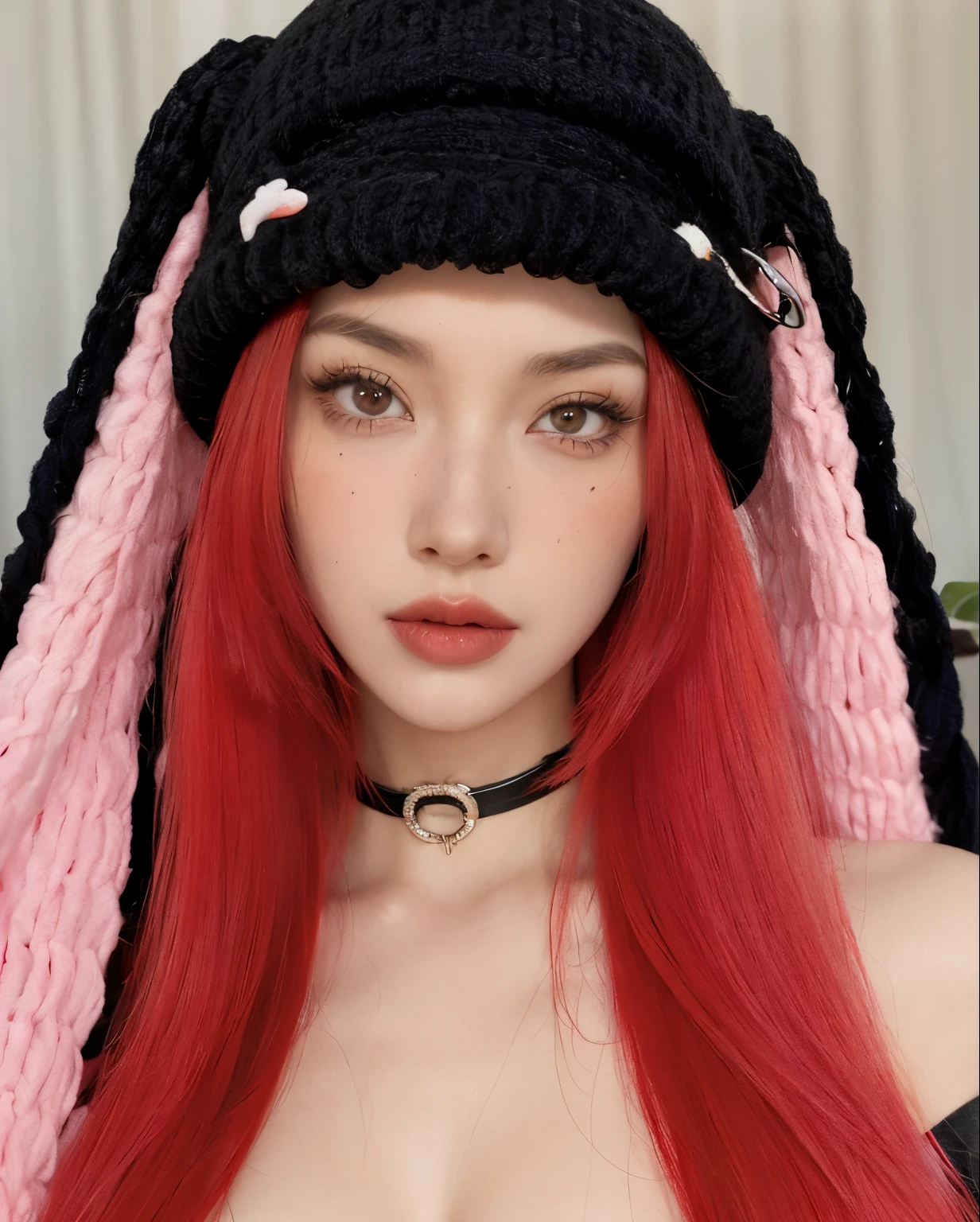 Un primer plano de una mujer con el pelo rojo con un sombrero negro, Hermosa Delphine, con el pelo largo y rojo, peluca roja, Ava Max, con orejas de conejo largas y flexibles, Dulce conejita ultrarrealista, crimson red hair and red eyes, pale red, con orejas de conejo, red tinted hair, Estilo de color rosa y rojo, con el pelo rojo, cabello negro y rojo