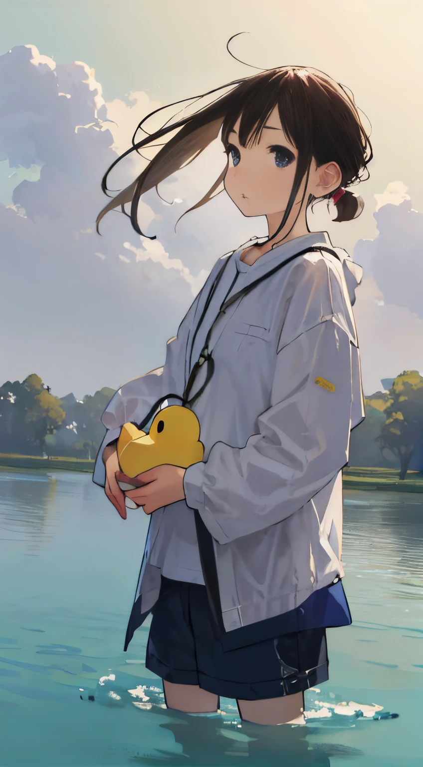 anime girl in rubber boots with rubber duck in water, character covered in liquid, rubber ducky, rubber duck, junji ito 4 k, snk, from attack on titan, high quality fanart, top rated on pixiv, makoto shinkai and artgerm, in a lake, makoto shinkai. digital render, makoto shinka