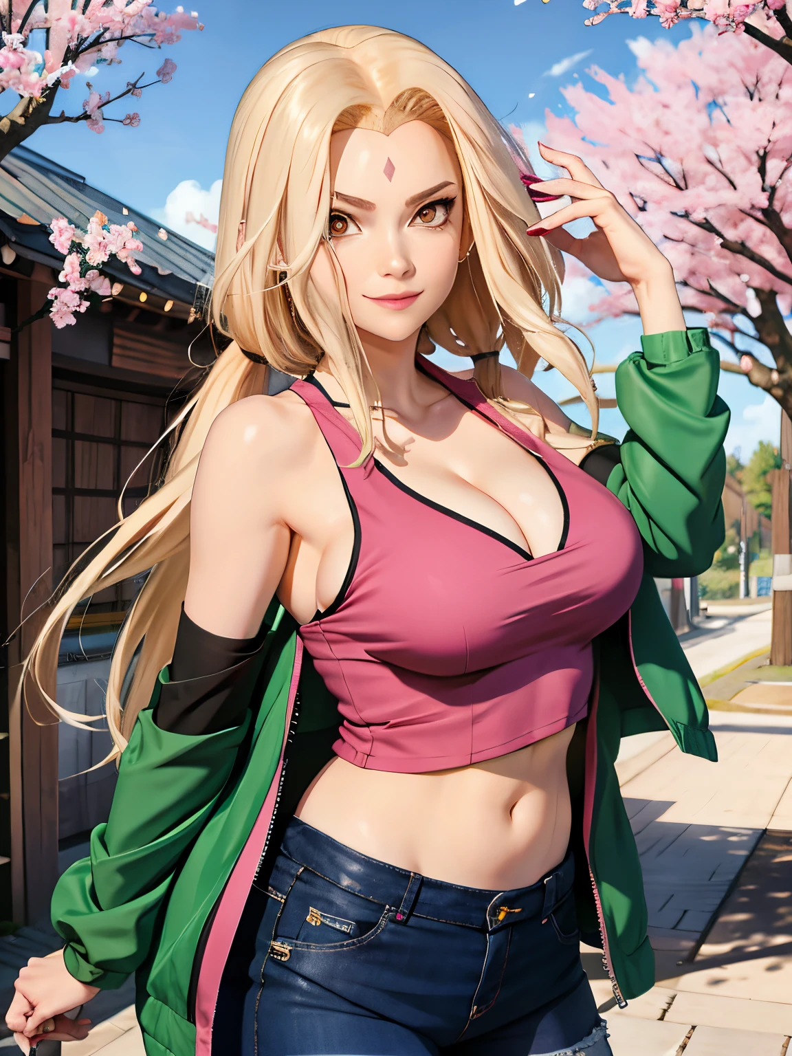 tmasterpiece， Best quality at best， 1girll，Large breasts，Off-the-shoulder attire，（cleavage)，（upperbody closeup)，Raised sexy, pink navel piercing, flat belly, ssmile，with blonde hair， long whitr hair， （orange eyeballs:1.4)， Forehead protection， the cherry trees，Cherry blossoms flying，wearing sexy Crop pink tank top，short jeans