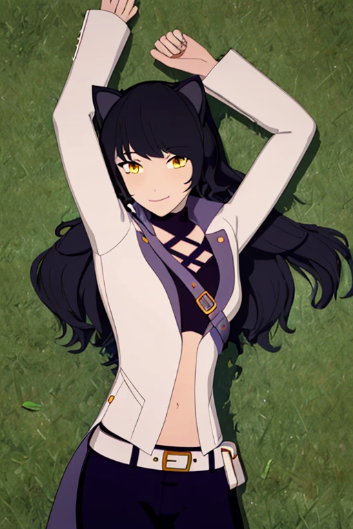 ((masterpiece,best quality)), 
Blake_RWBY,   1girl, solo, black hair, long hair, cat ears, animal ears, yellow eyes,
 belt, midriff, pants, jacket, 
solo, smiling, looking at viewer, solo, smile, cowboy shot, lying, on back, on grass, arms up, blue pants. closed mouth,
cinematic composition,