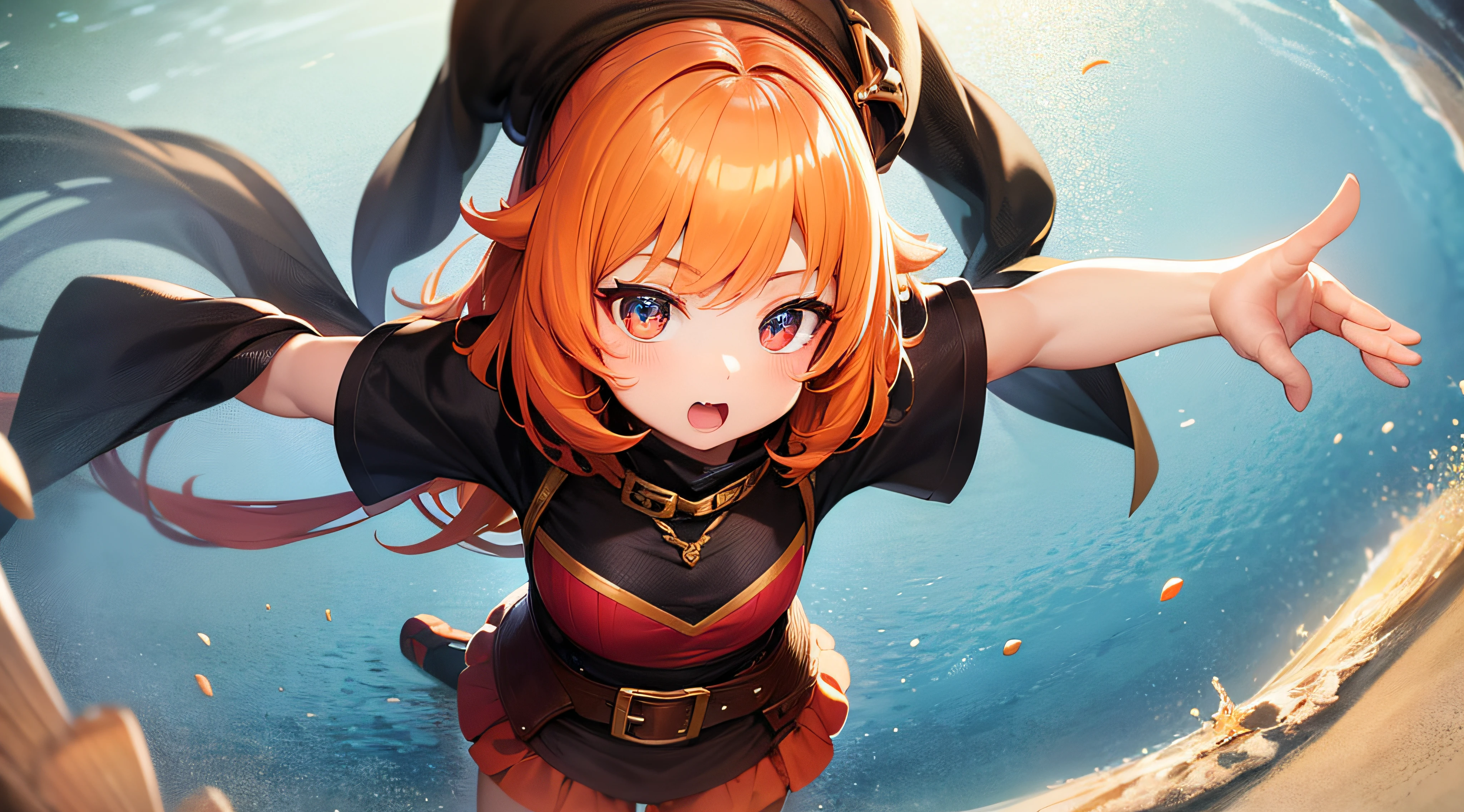 a cute ??? female daughter, orange hair, rainbow eyes, high def, vibrant, playing around in a fantasy world