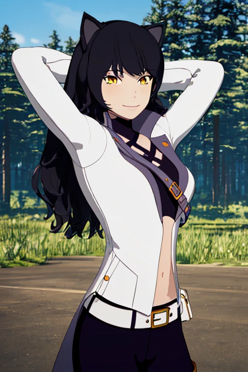 ((masterpiece,best quality)),
Blake_RWBY, 1girl, solo, black hair, long hair, cat ears, animal ears, yellow eyes,
belt, midriff, pants, jacket,
solo, smiling, looking at viewer, solo, smile, arms behind head, spread armpits, forest, dark sky, contrapposto, blue pants. closed mouth,
cinematic composition,