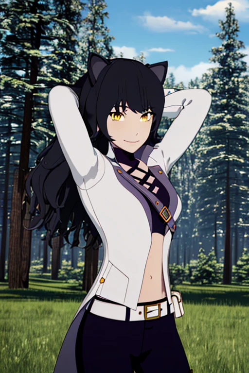 ((masterpiece,best quality)), 
Blake_RWBY,   1girl, solo, black hair, long hair, cat ears, animal ears, yellow eyes,
 belt, midriff, pants, jacket, 
solo, smiling, looking at viewer, solo, smile, arms behind head, spread armpits, forest, dark sky, contrapposto, blue pants. closed mouth,
cinematic composition,