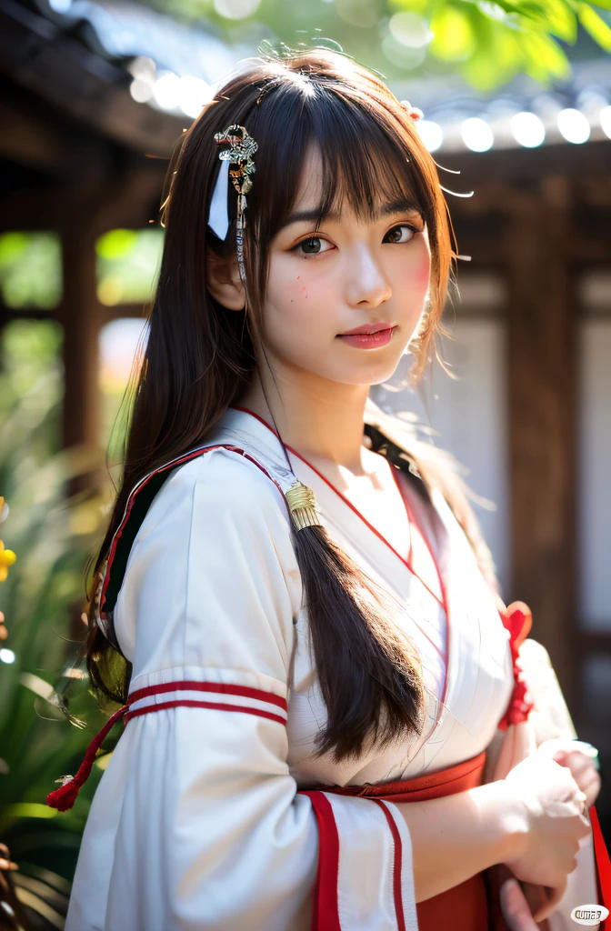 (Best Quality,4K,8K,hight resolution,masutepiece:1.2),Ultra-detailed,(Realistic,Photorealistic,Photorealsitic:1.37), A Japanese Lady, shrines, Priestess costume,  Portraits, Vibrant colors, Soft lighting, Legacy settings、holding a bamboo broom in hand