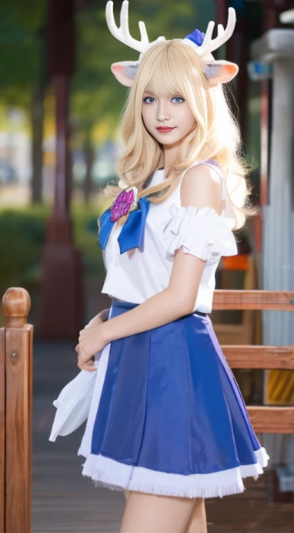 ((VerydetailedCG)),1 Sister,tmasterpiece,Complex C rendering,(highdetailskin:1),,超高分辨率,The eyes are bright,perfect body figure,female bodies,exquisite facial features,mitts, whitz, a skirt, Wigwell, Alone, blond hair blue eyes_the hair,deer antlers
>