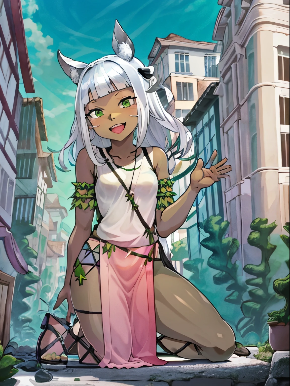 Ochette, 1girl, dark skin, white hair, city, green eyes, giantess, tall, cute, full body picture, buildings, gao, larger than buildings, best quality, pink dress, metal bracelets, skyscrapers, flat ground, street, ground visible, black shorts, adorable, kind, gentle, empty hands, small build, slim, smiling, detailed mouth, size difference, kneeling over buildings, sandals