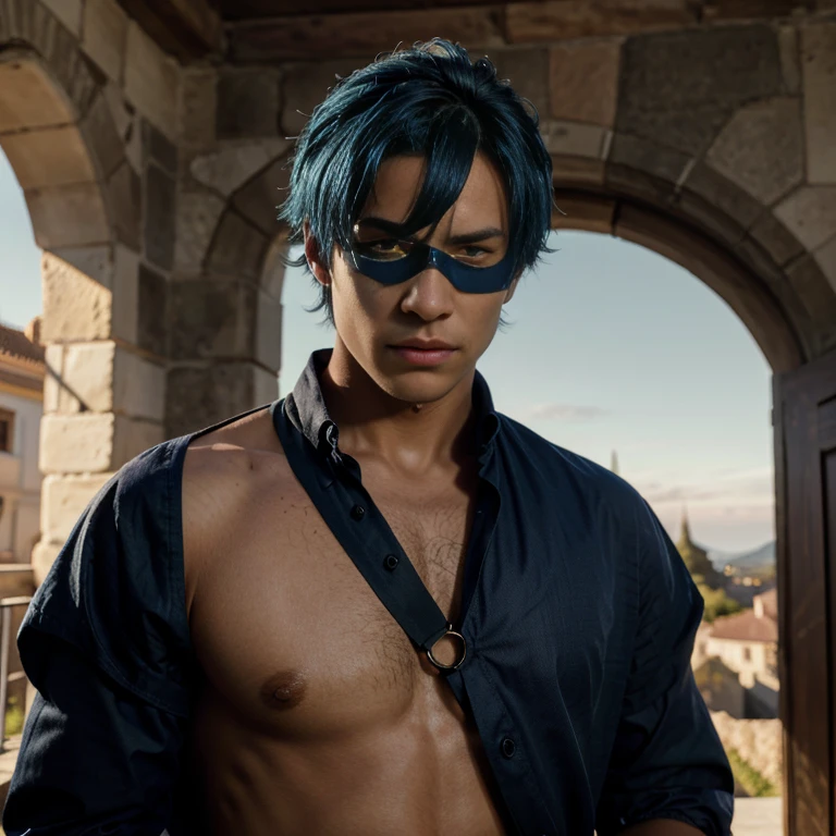 (absurdres, highres, ultra detailed), 1 male, young man, tan skin. eyepatch on right eye, blue hair, dramatic lighting, detailed, masterpiece, standing in front of the castle, sunset light, red and orande sunset tones