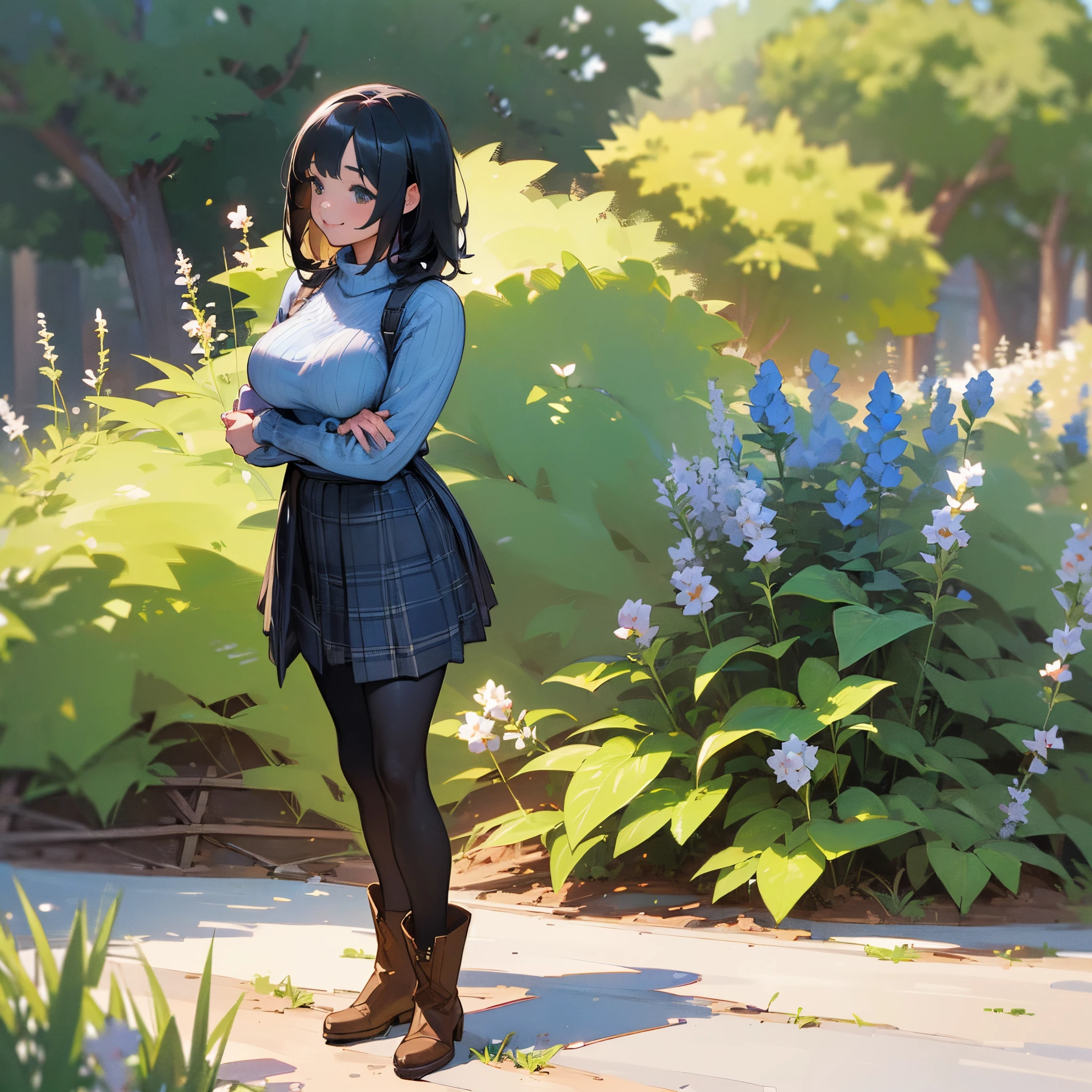 (High quality, High resolution, Ultra-detailed, Realistic:1.37), peaceful ambiance, (plein air, garden), Teenage girl standing alone, (My breasts are big.), Beautiful detailed features, Cute smile, (Black bob hair), Ribbed sweater, blue plaid skirt, Black tights, Brown boots.