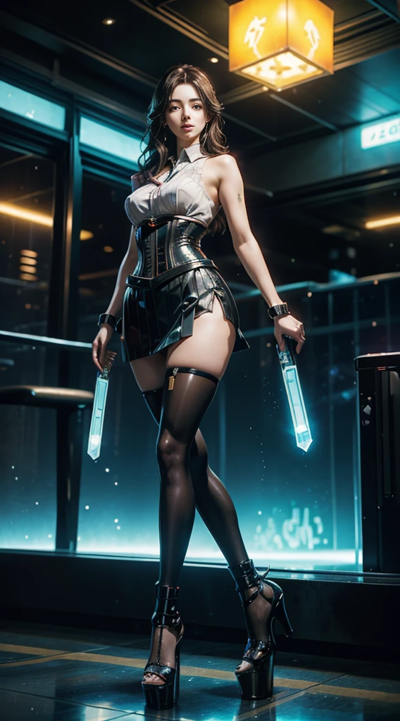 (gotou airi), (long legs, thick thighs, narrow waist:1.2, wide hips:1.4), (thick lips), lipstick, long eyelashes, long dark hair, (thin toned body, biopunk-style corset). (solarpunk-style translucent tight arab long skirt), (luminescent crystalline neon sexy platform heels), (futuristic holographic legwear), (cyberpunk-style reflective accessories), mature detailed face, detailed body