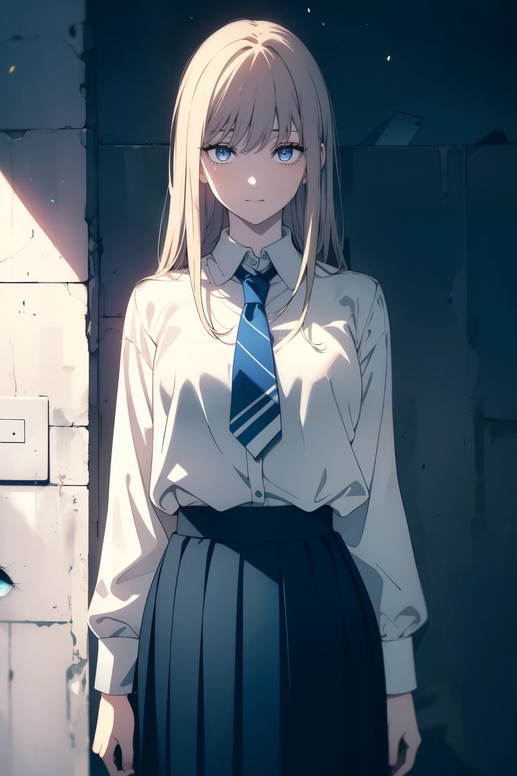 (Obra maestra, La mejor calidad, ultrahigh resolution), 1girl, standing, school uniform, white office shirt, black pleated skirt, ((light brown, light brown hair:0.7), long hair cut, pale skin, ((blue eyes)), glowing_eyes, neon eyes, (ultra detailed eyes, beautiful and detailed face, detailed eyes), ((centered)), smile, ((wide shot)), facing viewer, eye level, (blurry background, bright snowy background, winter), flat chested, looking at viewer, ((half closed eyes)), ((perfect hands)), (((head, arms, hips, elbows, in view))), ((hands behind back)), empty eyes, beautiful lighting, outside, outdoors, background, defined subject, 25 years old,