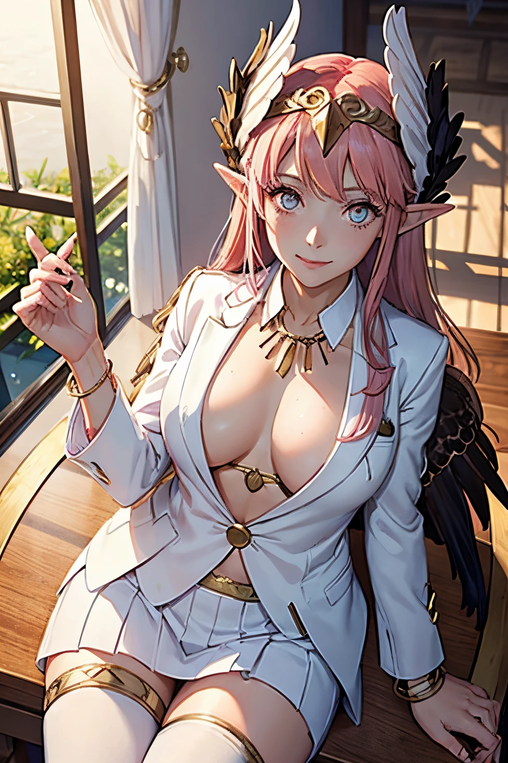 master piece,best quality,1girl,mature female,Circe\(fate\),Circerud,pink hair,rainbow eyes,normal feather,wearing white suit,,white business suit,tie))),smile,separated lips, inside,interior of luxury villa,