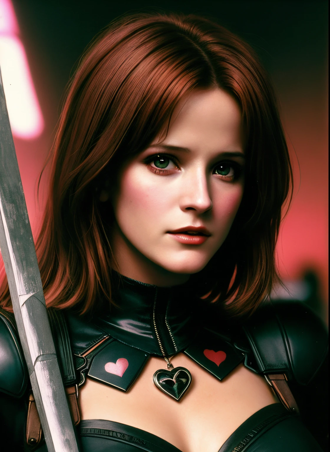 Bridget Fonda, linda e doce loira cyberpunk, uma pintura digital de uma mulher com Love Makeup com flechas, Heart-shaped makeup, CGSetnation, gothic art, dystopian art, pintura detalhada, behance HD, arte figurativa, anime aesthetic, fotografia profunda, Filme Ilford HP5, negros esmagados, profundidade de campo, Foto escura, filmic grain, Sombras, luz natural