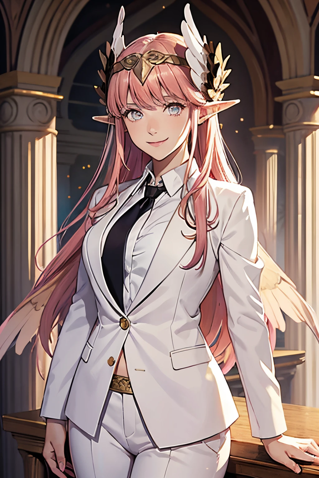 master piece,best quality,1girl,mature female,Circe\(fate\),Circerud,pink hair,rainbow eyes,normal feather,wearing white suit,,white business suit,tie))),smile,separated lips, inside,interior of luxury villa,