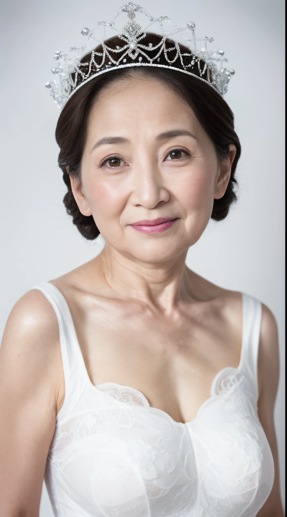 Pure white background, gravure, facing front, Wearing a tiara, from the chest up, masterpiece, Best Quality, Ultra-detailed, Photorealistic, super detailed skin, Perfect Anatomy, (1 japanese mature woman), (Solo), 98 years old, Large breasts, ((elderly mature model)), plump, A sexy, Chromo-white skin, Looking at Viewer,