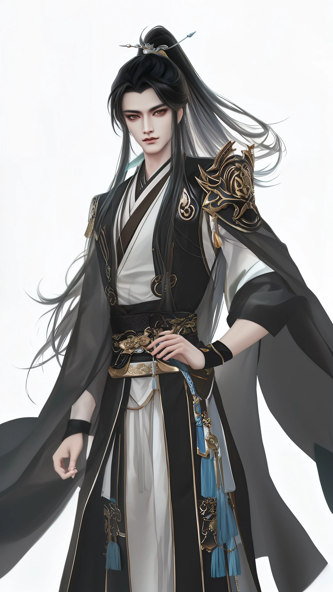 man wearing brown and white clothes, Wallpapers，high ponytails，heise jinyao, The exquisite prince,Xianxia， Inspired by Bian Shoumin, inspired by Guan Daosheng, full body xianxia, Beautiful prince, inspired by Zhang Han, inspired by Zhao Yuan,, flowing hair and long robes, longer sleeves、Narrow cuffs，robe，zhao yun, xianxia hero，white backgrounid，Eye focus，a sharp gaze，A high resolution，tmasterpiece，Best quality at best，32K,fix the hand，