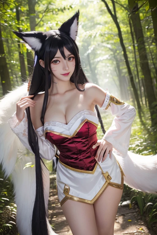 (Jabi:1.2), (tmasterpiece, Better quality, A high resolution:1.4), Detailed pubic hair, Complicated details, 4K, 1 sister, (Alone:1.4), Realist, フォトリアリスティック, The stands up, (ahri \(league of legend\):1.4), black hair color hair, Long gray hair, fox ear, fox tails, cute ears, whitetail, Multi-tailed, yellow eyes, looking at viewert, face tag, ssmile, ssmile,  natural, at a forest, Duca, Putas, Rochas,)