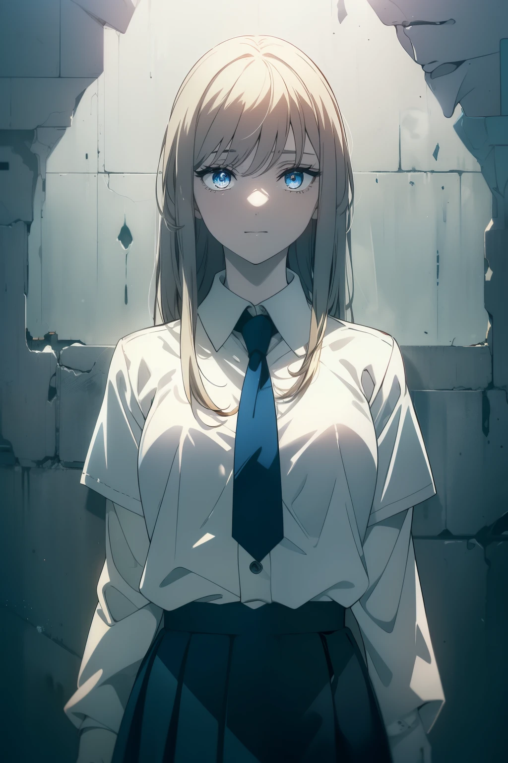 (Obra maestra, La mejor calidad, ultrahigh resolution), 1girl, standing, school uniform, white office shirt, black pleated skirt, ((light brown, light brown hair:0.7), long hair cut, pale skin, ((blue eyes)), glowing_eyes, neon eyes, (ultra detailed eyes, beautiful and detailed face, detailed eyes), ((centered)), smile, ((wide shot)), facing viewer, eye level, (blurry background, bright snowy background, winter), flat chested, looking at viewer, ((half closed eyes)), ((perfect hands)), (((head, arms, hips:0.7, elbows, in view))), ((hands behind back)), empty eyes, beautiful lighting, outside, outdoors, background, defined subject, 25 years old,