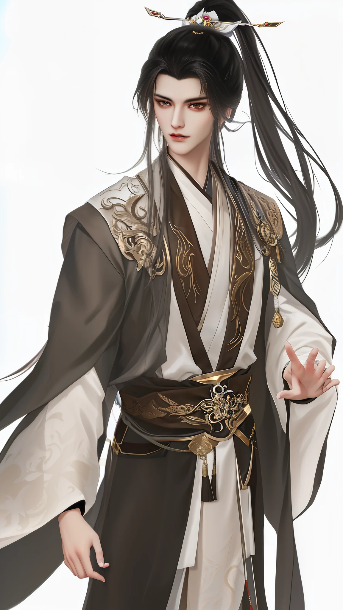 man wearing brown and white clothes, Wallpapers，high ponytails，heise jinyao, The exquisite prince, Inspired by Bian Shoumin, inspired by Guan Daosheng, full body xianxia, Beautiful prince, inspired by Zhang Han, inspired by Zhao Yuan,, flowing hair and long robes, longer sleevelack narrow cuffs，robe，zhao yun, xianxia hero，white backgrounid，Eye focus，a sharp gaze，A high resolution，tmasterpiece，Best quality，32K,fix the hand，