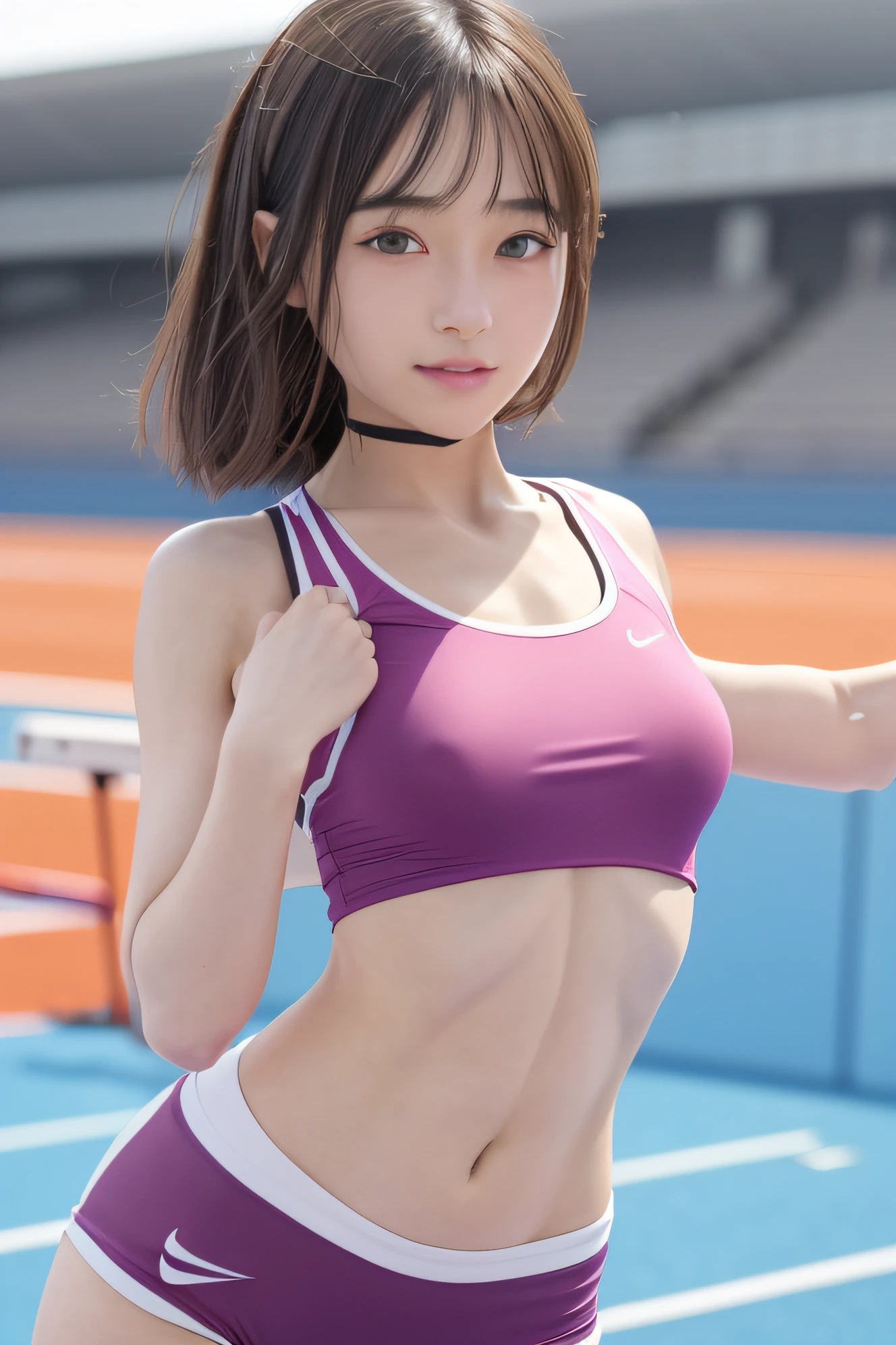 masutepiece、masterpiece、top-quality、ultra-detailliert、hight resolution、hight resolution、8K Portrait、High definition CG of Unity 8k wallpaper、Unity 8k壁纸、Highly detailed CG Unity 8k wallpaper、逼真、realperson、cute little、 Portrait photos、shinny skin、high-detail、(sixteen years old:1.2)、(1人)、Beautiful clear eyes、Ultra-fine depiction、delicated face、Lovely lips、skinny body、big breasts thin waist、Thin leg、(Track and Field Arena:1.6)、(flat chest:1.8)、(Colorful athletic uniforms:1.4)、(Nipples show through:1.4)、cute smile face、(short curled hair:1.3)、(FULL BODYSHOT:1.5)