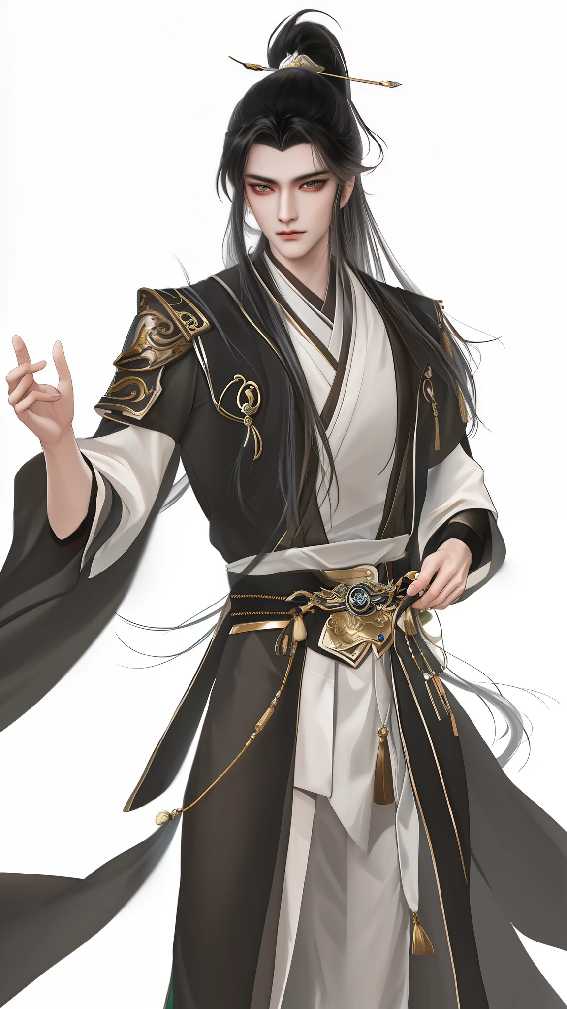 man wearing brown and white clothes, Wallpapers,high ponytails,heise jinyao, The exquisite prince,xianxia, Inspired by Bian Shoumin, inspired by Guan Daosheng, full body xianxia, Beautiful prince, inspired by Zhang Han, inspired by Zhao Yuan,, flowing hair and long robes, longer sleeves、Narrow cuffs,robe,zhao yun, xianxia hero,white backgrounid,Eye focus,a sharp gaze,A high resolution,tmasterpiece,Best quality,32K,fix the hand,