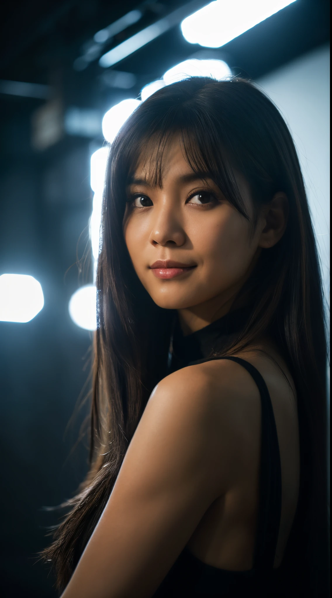 highest quality, epic realistic, ((in the pitch black darkness :1.4)), ((portrait:1.5)),(background: dark ) high contrast ,glorious picture, lowest lux, lighting face, she's comfortable, wearing nothing,  , looks incredible, (8k, Raw photo, Highest quality),(epic realistic:1.5), a woman, face,(detailed eyes:0.8),(looking at the camera:1.4), (Highest quality), ( high contrast, deep shadows),Intricate details,cinematic,((skin:1.4)), (long dark hair:1.3), long hair, messy ,(Hdr:1.5),Detailed, colors, Superior quality, Masterpiece, Raw Photo (20-year-old, looking at viewer), beautiful, (wearing plain yellow shirt,), perfect, natural, perfect composition, portrait, perfect face, smiling expression, Captivating eyes, Bright details, Tight lips, (High Skin Detail),, (blue tint: 0.6), (sale: 0.8), (bloody: 0.7), Key lighting , (backlight: 0.5), Medium depth of field, Canon 5d, 50mm lens, f/4 apertures, (Ultra-detailed, Complex detail), sharp focus, soft colors, 8k, Absurd, 80mm, bokeh background, photography, smiling, pinay, filipina, large boobs, neon lights background, bokeh