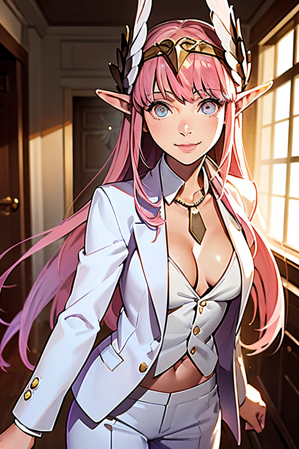 master piece,best quality,1girl,mature female,Circe\(fate\),Circerud,pink hair,rainbow eyes,normal feather,wearing white suit,,white business suit,tie))),smile,separated lips, inside,interior of luxury villa,