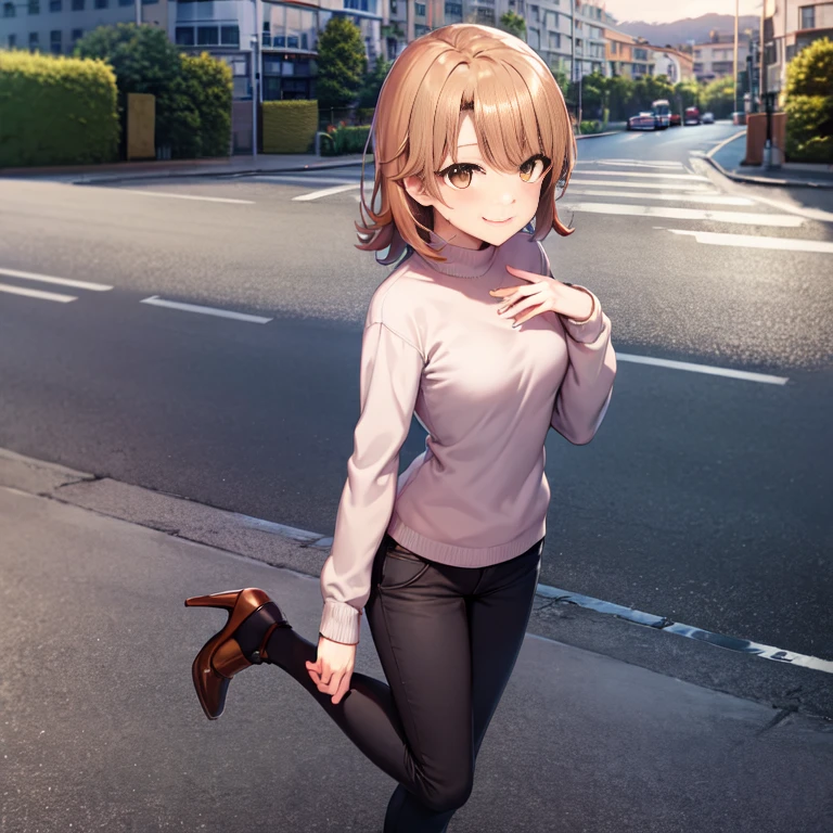 Isshiki Roha, shorth hair, brown haired, wetting hair,Brown-eyed, Larger sweater, skinny pants,a smile, Solo,Black Pin Heels,In the street,Cold sky,weather(yuki)