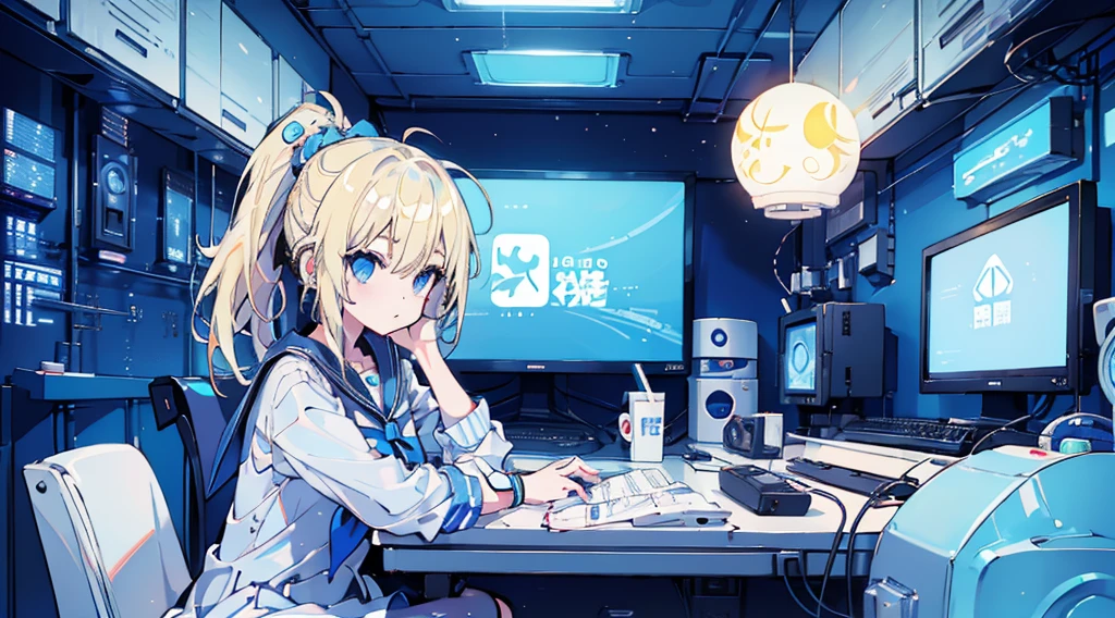 (1 girl, Blonde hair, Ponytail, Blue eyes, Sailor Suit, head phone, kawaii), (Blue Cyberpunk, Room with large monitor, Blue Neon)