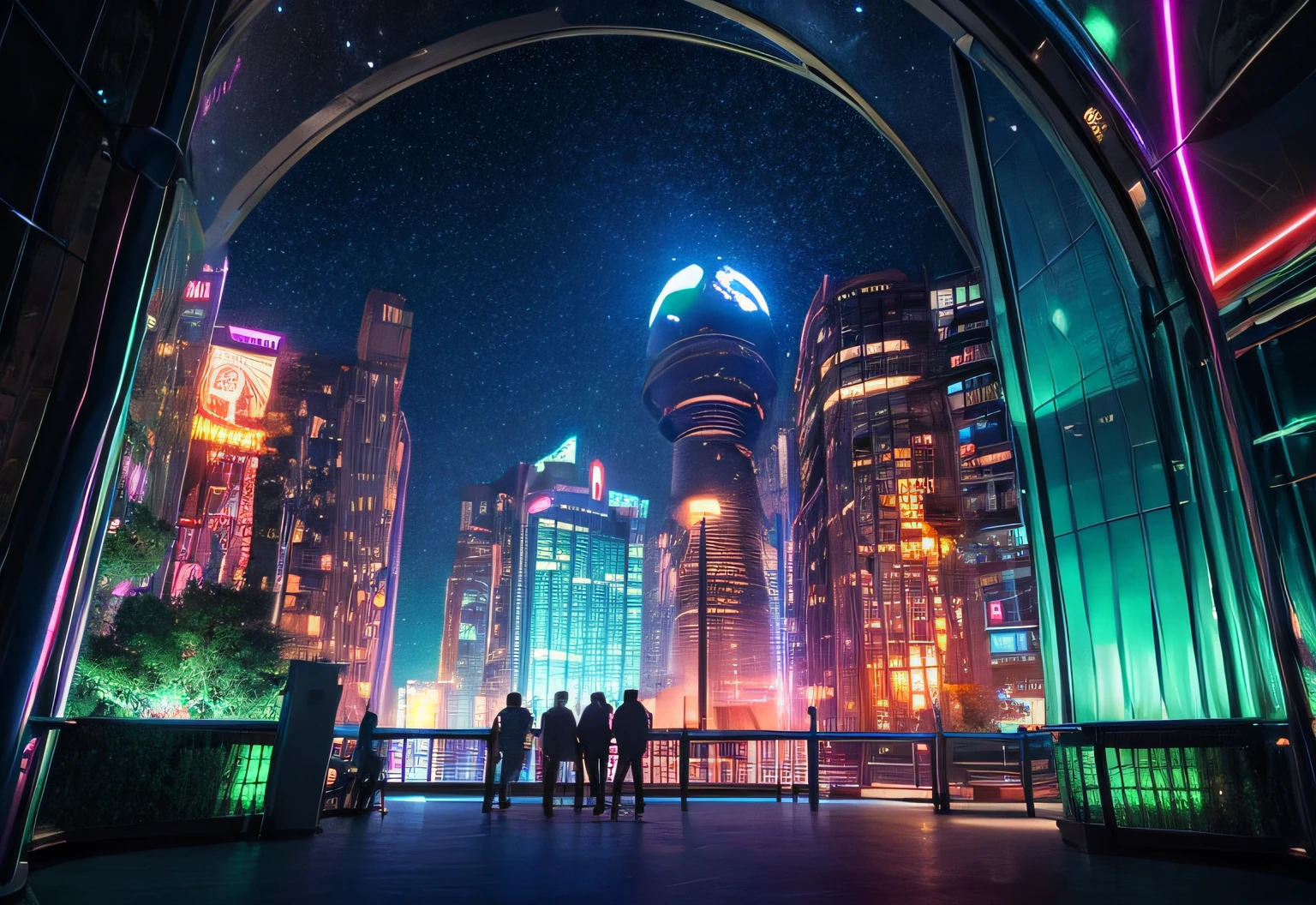 nffsw（科幻小说）landscape prompt：

### Background settings - **Zen/place**: Future Space City。A huge space station floating between space and planets。
- **Architectural style**: Skyscraper made of shiny metal and transparent glass。Many buildings have asymmetrical, organic shapes.。Buildings are connected by bridges and aerial walkways..。
- **Characteristic structure**: A huge dome-shaped park in the center。Surrounded by neon-lit commercial and residential areas。

### Environment and atmosphere - **nature environment**: Artificial river inside the dome、leafy tree、Colorful flowers々。Outside the dome is the weightless space of space..。
- **time zone/Weather conditions**: eternal darkness like night。The lighting inside the dome changes depending on the time..、Create the rhythm of day and night。
- **Atmosphere**: Futuristic and not too busy、At the same time, There is a tranquility created by artificial nature..。I can hear the sound of spaceships taking off and landing in the distance..。

### The color and texture- **building color**: argent、greys、blue and purple neon lights。
- **colors of natural environment**: Green Tree々、blue and pink flowers、Blue-white glowing artificial water surface。
- **Light and shadow**: with bright neon lights、Soft shadows between buildings and inside domes。

### Story and composition - **The scene**: Citizens relaxing in the space station park。In the background, A huge spaceship approaches the docking station.。
- **figura**: People of diverse races dressed in futuristic clothing。There are also robots and cyborgs.。
- **Narrative**: This station is a crossroads of space、appearance々A place where different cultures interact。