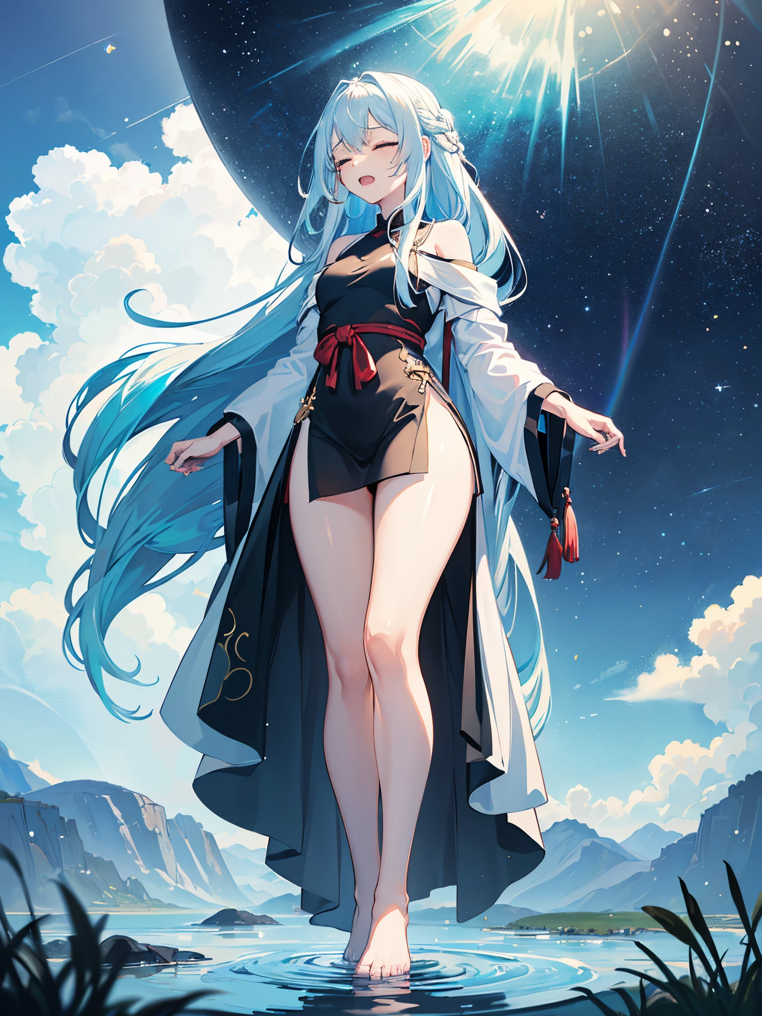 A woman with closed eyes, ahegao face, (((long hair that reaches her feet))), hair with locks, flowing, in a celestial place with waters that disappear to the horizon, blue sky, white clouds in movement, full body , muscular, thick thighs, small breasts, big booty, {extremely detailed 16k CG unit wallpaper}, expansive landscape photography, (a low view with focus on the character and the setting), (wide view of open field ), (low angle shot), (high light: 1.2), (low light: 1.5), (warm light source: 1.2), complex details, (iridescent colors: 1.5), (bright lighting), (atmospheric lighting ), dreamy, unique, detailed reflections