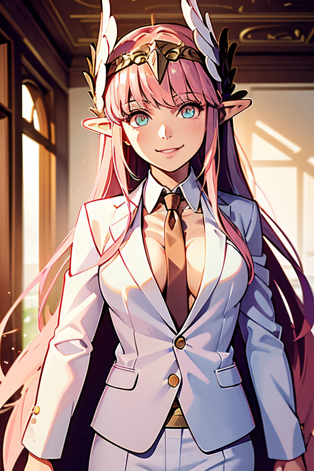 master piece,best quality,1girl,mature female,Circe\(fate\),Circerud,pink hair,rainbow eyes,normal feather,wearing white suit,,white business suit,tie))),smile,separated lips, inside,interior of luxury villa,